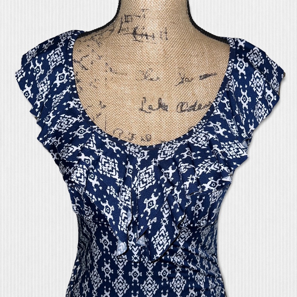 Navy Blue Pattern Scoop Ruffle Neck Blouse